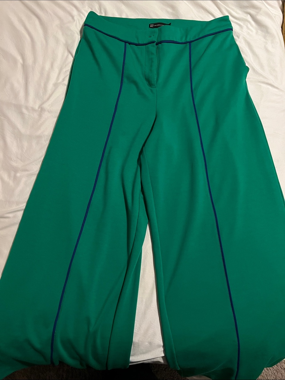New York & Company Emerald Green Wide-Leg Ponte Pants with Navy Trim